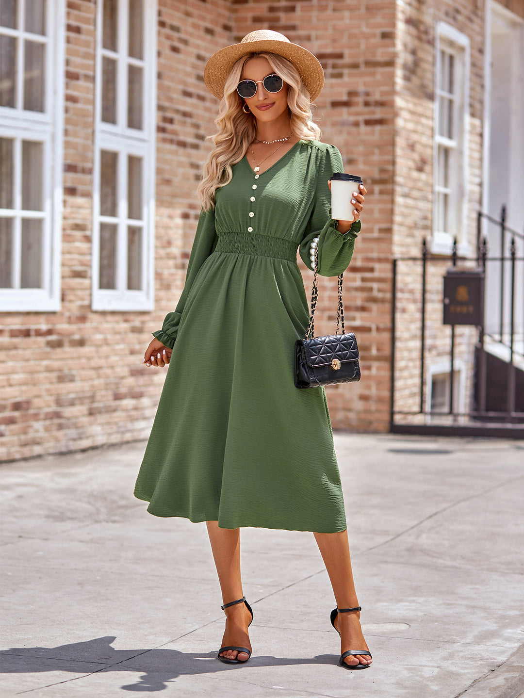 Damen Midikleid mit V-Ausschnitt, geraffter Smock-Taille und Knopfleiste EB
