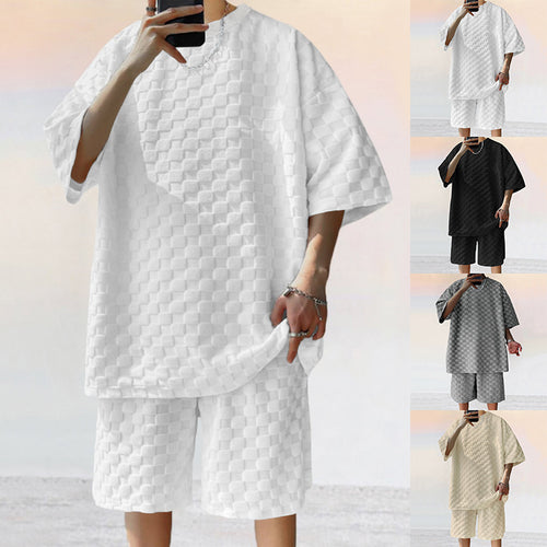 Unisex nan strukturiertes Relief-Set aus wabenartigem Jersey mit übergroßem Shirt und knielangen Shorts EB