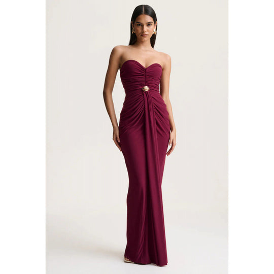 Damen Elegantes langes Abendkleid mit gerafftem Oberteil und goldener Schnalle EB