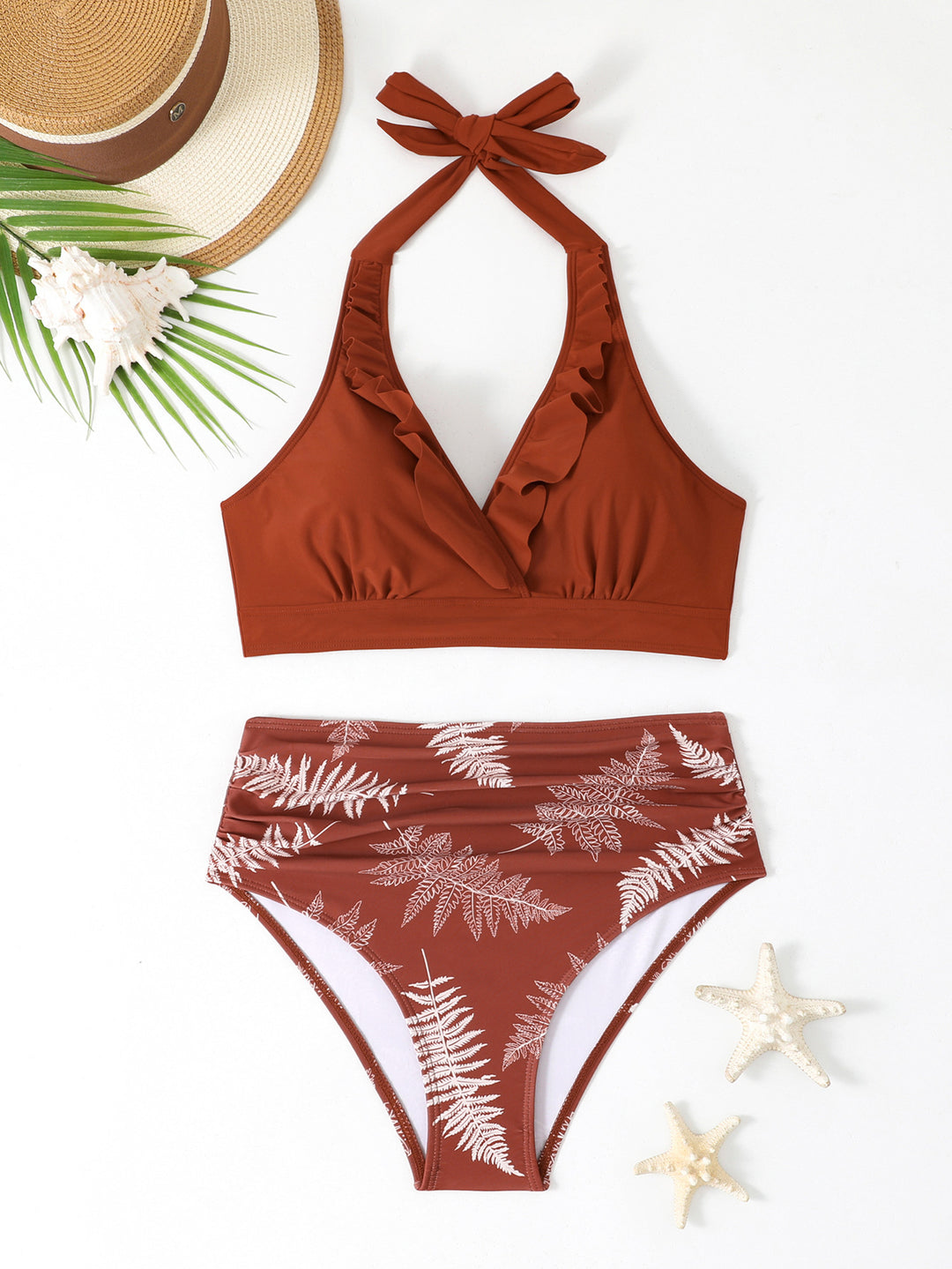 Damen Hoch tailliertes Bikini-Set mit floralem Design EB