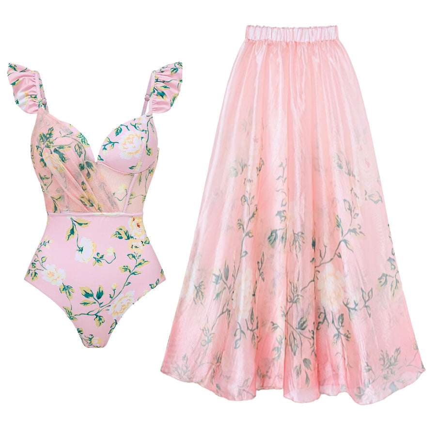 Damen Bikini-Set mit floralen Details und luftiger Maxi-Rock EB