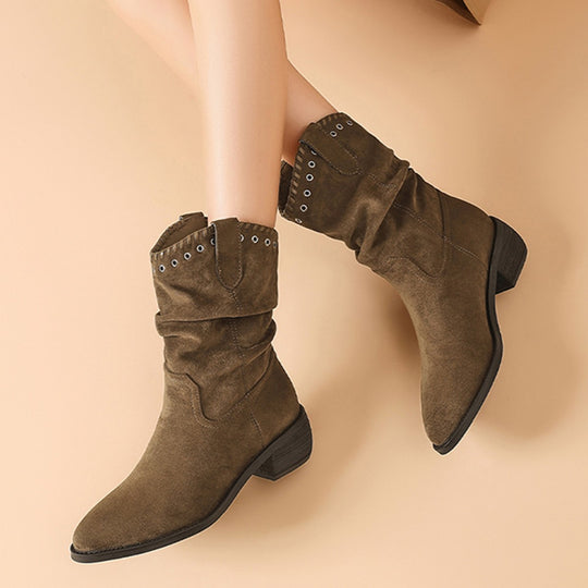 Damen modische Stiefeletten im Antik-Look mit dekorativen Nieten und flexiblem Schaft EB