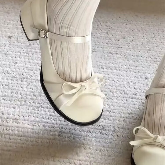 Damen Elegante Mary Jane Schuhe mit dekorativen Schleifen und großzügigem Blockabsatz EB