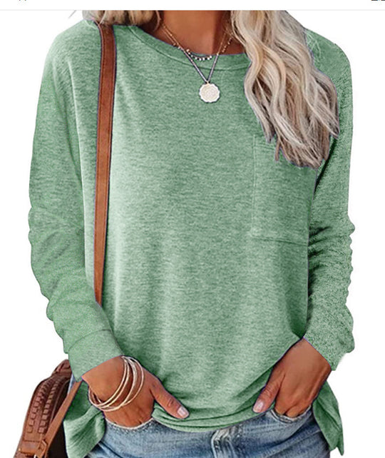 Damen lässiges Langarmshirt mit Taschen und Rundhalsausschnitt EB
