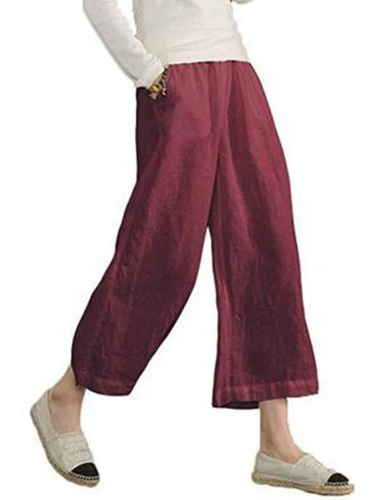 Damen weite Leinenhose mit seitlichen Taschen und elastischem Bund EB