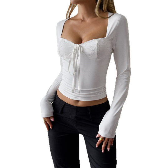 Damen nan tailliertes Bustier-Top mit quadratischem Ausschnitt, Spitzencups und Bindeband EB