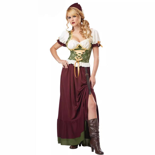 Damen nan geschnürtes Mittelalterkleid mit Corsagenmieder, Puffärmeln und hohem Rockschlitz EB