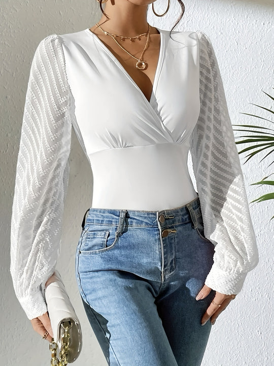 Damen Bodysuit mit eleganten Puffärmeln und V-Ausschnitt EB