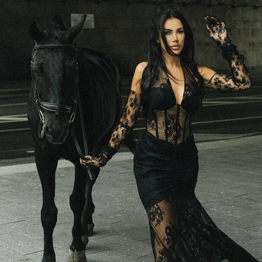 Damen elegantes Spitzenkleid mit langem Ärmel und raffinierten Falten EB