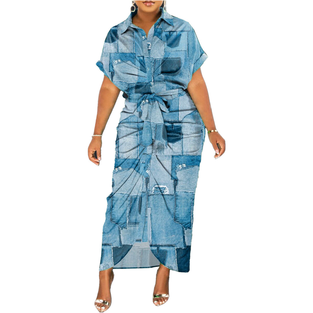 Damen Denim-Midi-Kleid mit einzigartigem Patchwork-Design und Taillengürtel EB