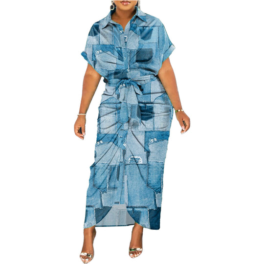 Damen Denim-Midi-Kleid mit einzigartigem Patchwork-Design und Taillengürtel EB