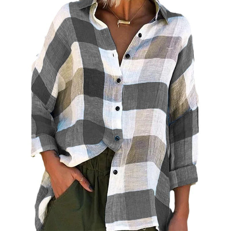 Damen nan oversized Leinenbluse mit großem Karo-Muster und legerem Hemdkragen EB