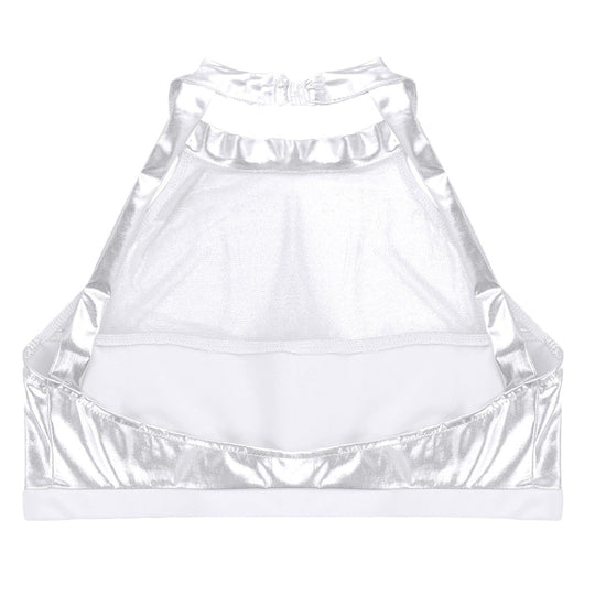 Damen Sportlicher Crop-Top aus glänzendem Material mit dekorativen Rüschen EB