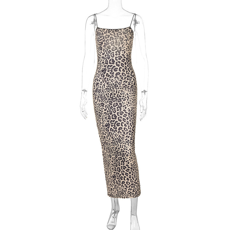 Damen Leoprint Maxikleid mit verstellbaren Spaghetti-Trägern EB