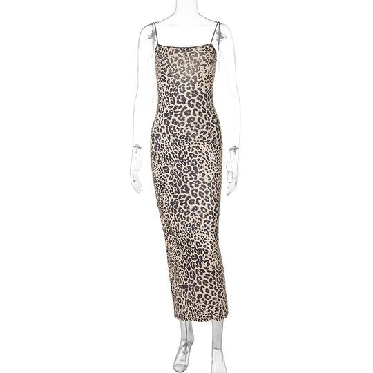Damen Leoprint Maxikleid mit verstellbaren Spaghetti-Trägern EB