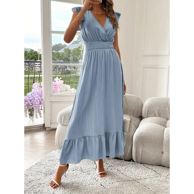 Damen Maxikleid mit voluminösen Rüschenärmel und elegantem Bund EB