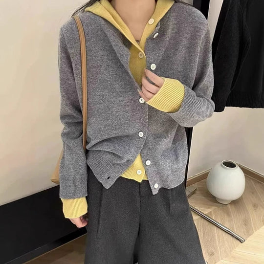 Damen Kuscheliger Cardigan mit Kapuze und Knopfdesign EB