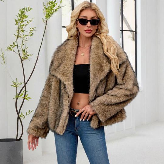 Damen Voluminöser Kunstpelzmantel mit breitem Revers EB