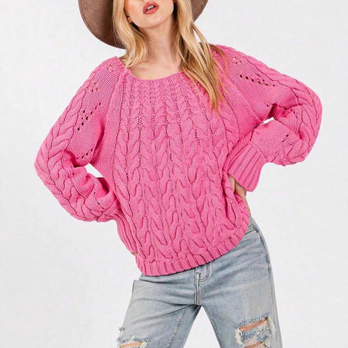 Damen Grobstrickpullover mit voluminösen Ärmeln und feinem Lochmuster EB