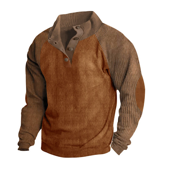 Herren nan thermischer Cordpullover mit Knopfleiste Stehkragen Raglanärmeln und Ellenbogenaufnähern EB