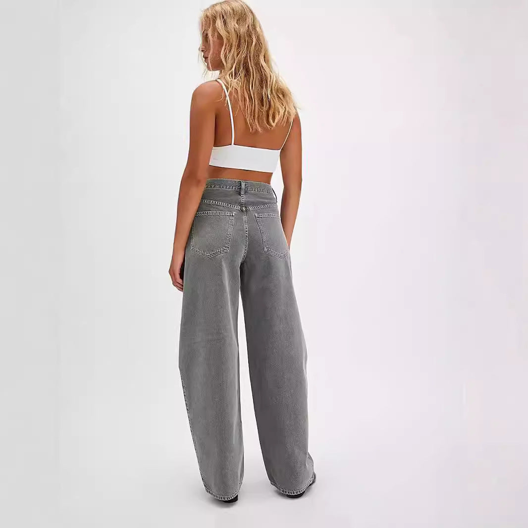 Damen Weite Denim-Hose mit hohem Bund und dekorativem Kordelzug EB