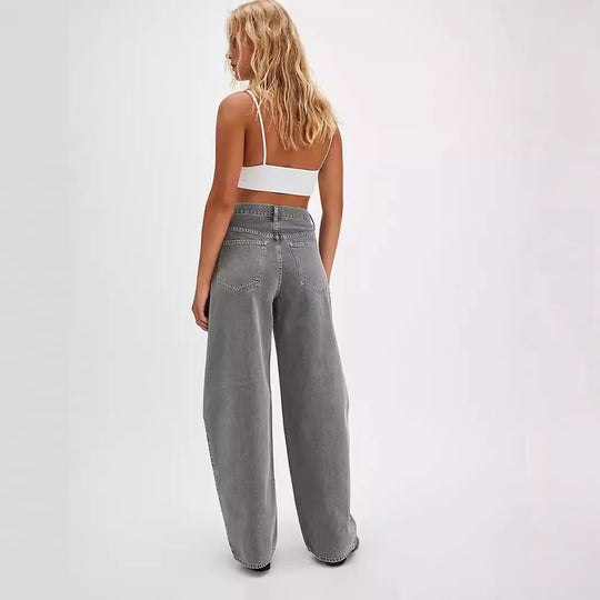 Damen Weite Denim-Hose mit hohem Bund und dekorativem Kordelzug EB