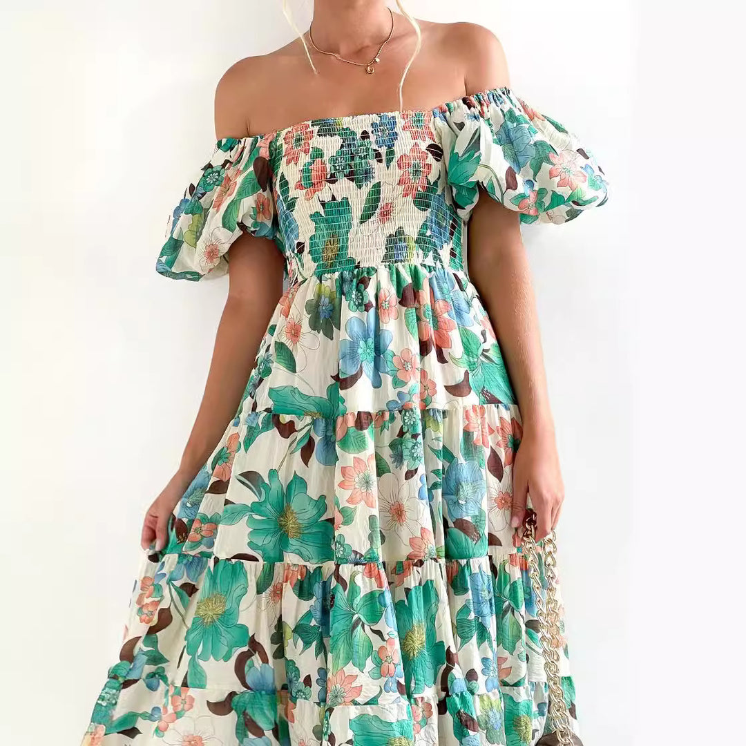 Damen Off-Shoulder Maxikleid mit voluminösen Puffärmeln EB