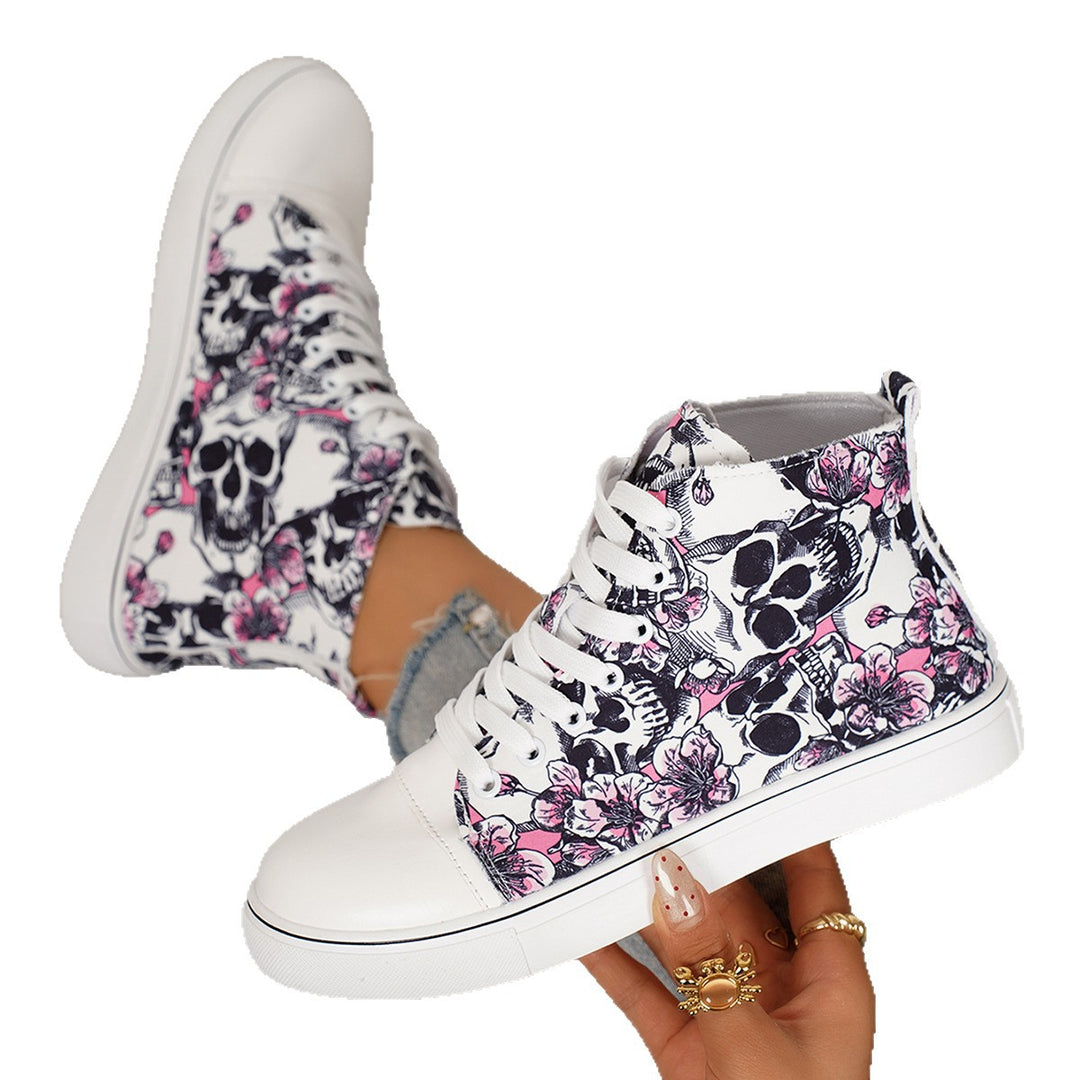 Damen High-Top Sneakers mit floralem und Totenkopf-Muster EB