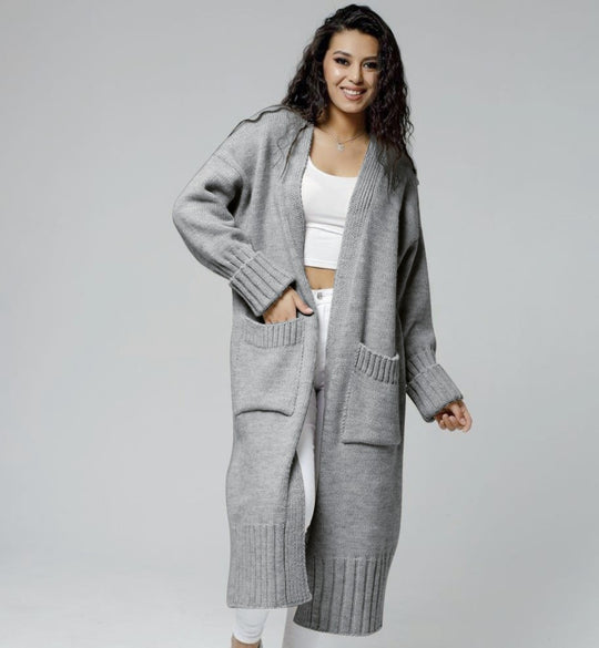 Damen bequemer langer Strickcardigan mit Taschen und breiten Ärmeln EB