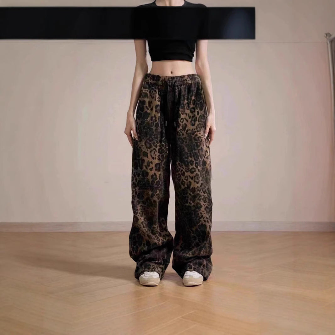 Damen Weit geschnittene Leinenhose mit Leopardenmuster EB