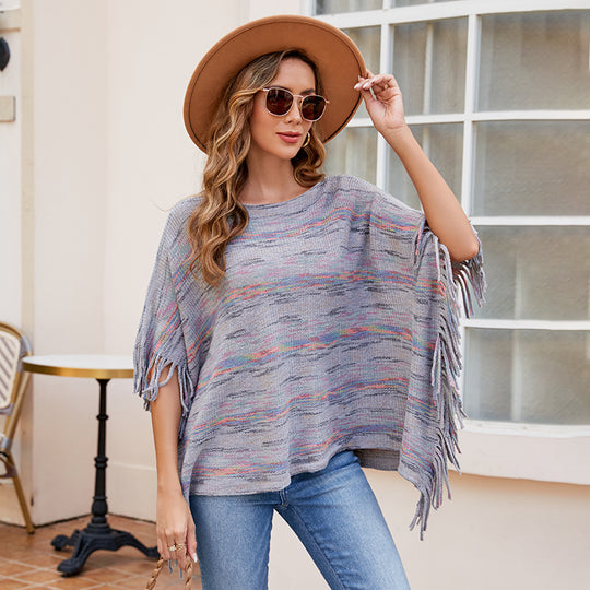 Damen kuscheliger Poncho mit fransigen Details EB