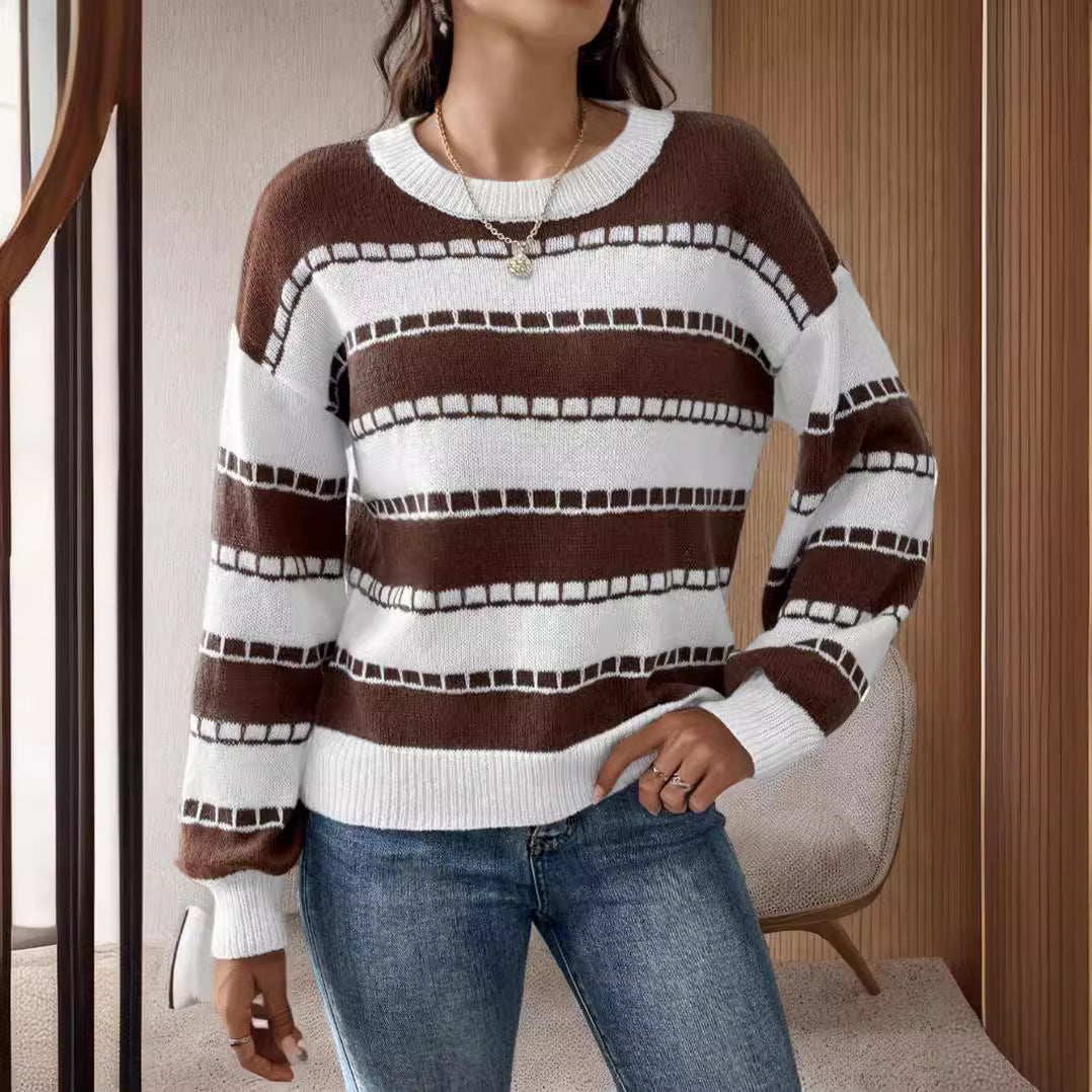 Damen lässiger, gestreifter Pullover mit einem komfortablen Schnitt und dekorativen Details EB