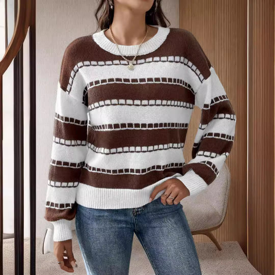 Damen lässiger, gestreifter Pullover mit einem komfortablen Schnitt und dekorativen Details EB