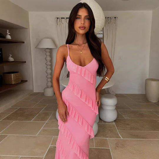 Damen Maxikleid mit elegantem Volantdesign und verstellbaren Trägern EB