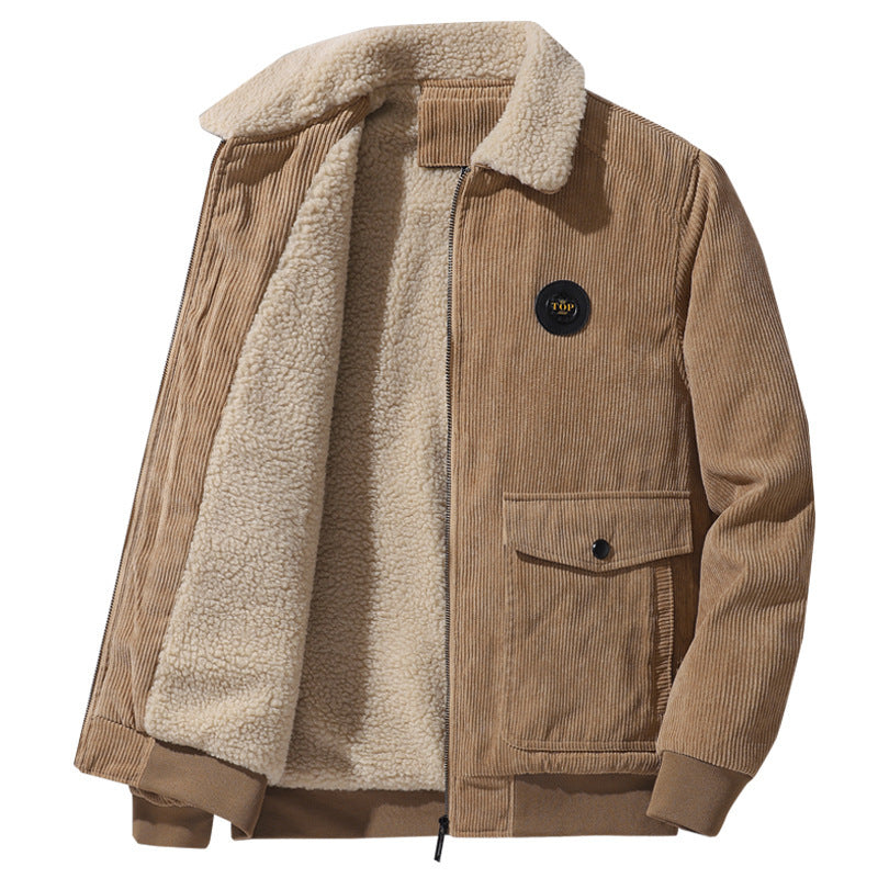 Herren Cord-Truckerjacke mit Sherpa-Kragen, Reißverschluss und aufgesetzten Pattentaschen EB