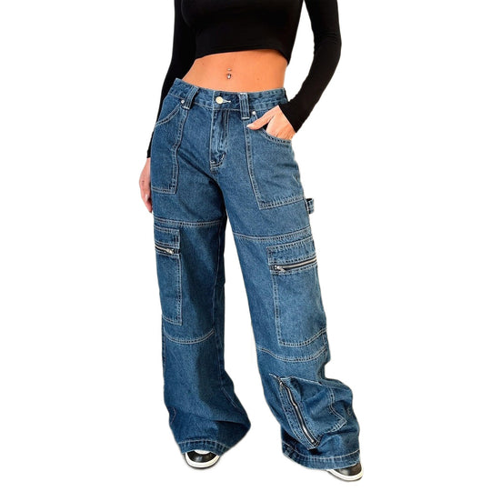 Damen nan weiten Cargo-Jeans mit mehreren Reißverschluss-Taschen und hoher Taille EB