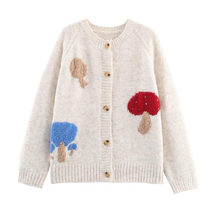 Damen Strickjacke mit bunten Pilzmotiven und bequemen Knopfdetails EB