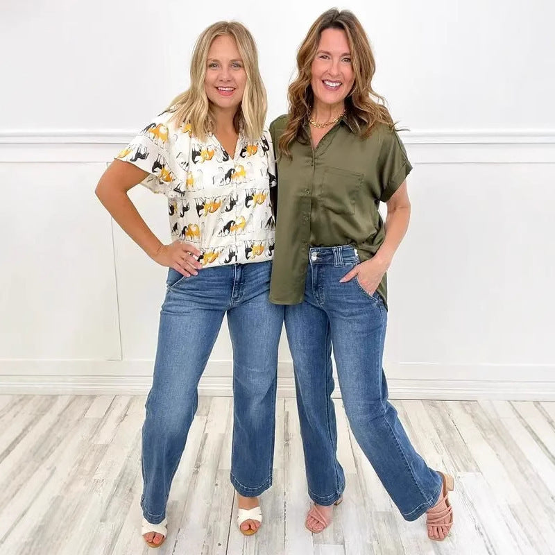 Damen Weit geschnittene Hochbundjeans mit modernen Waschungen EB