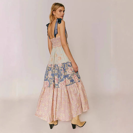 Damen Maxikleid mit floralen Mustern und voluminösem Rock EB