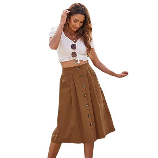 Damen Midi-Rock mit Knopfleiste und praktischen Taschen EB