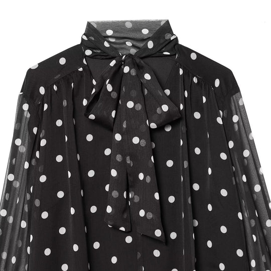 Damen transparente Bluse mit Schleifenkragen im Polka-Dot-Design EB
