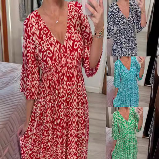 Damen Maxikleid mit schmeichelndem V-Ausschnitt und voluminösen Ärmeln EB