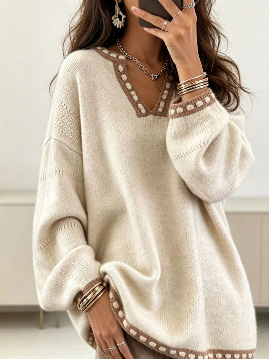Damen Oversize V-Ausschnitt Strickpullover mit kontrastierender Punktbordüre und Ballonärmeln EB