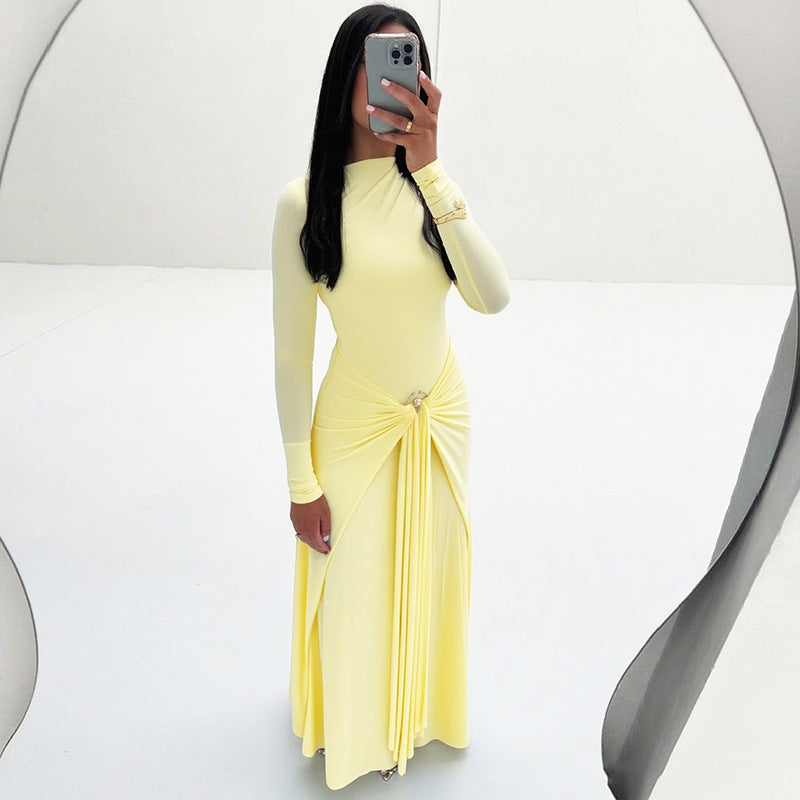 Damen Elegantes Maxikleid mit Drapierungsdetails und langem Arm EB