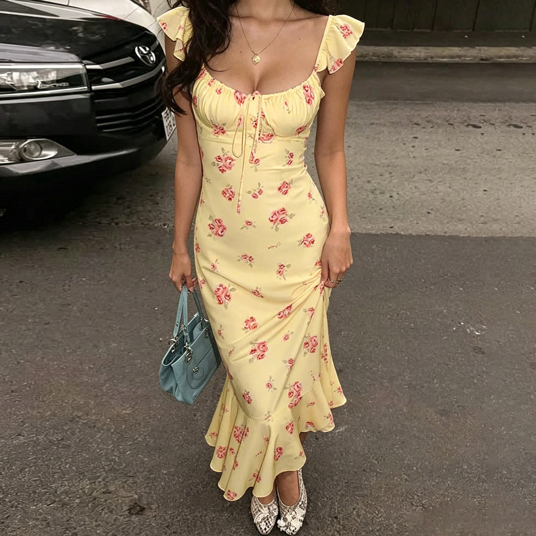Damen Maxikleid mit floralen Rüschen und elegantem Schnitt EB
