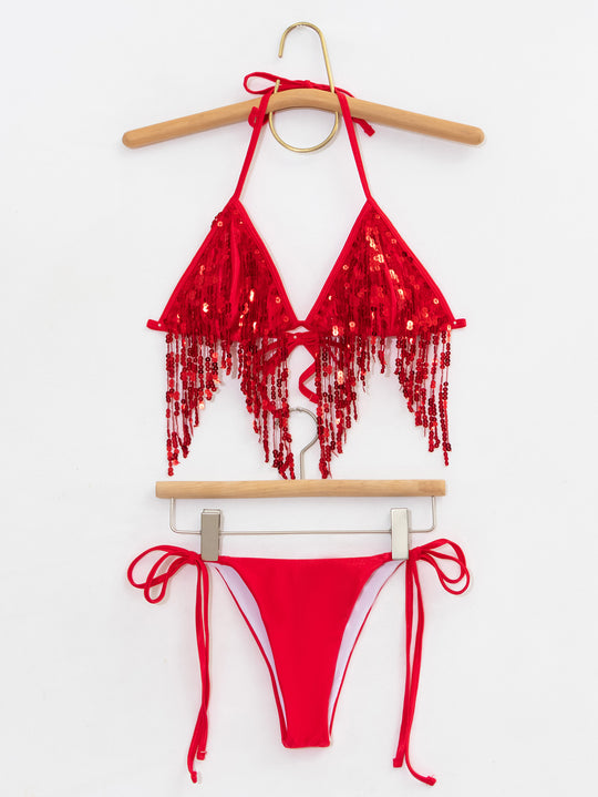 Damen Bikini-Set mit glitzernden Pailletten und verspielten Bindebändern EB