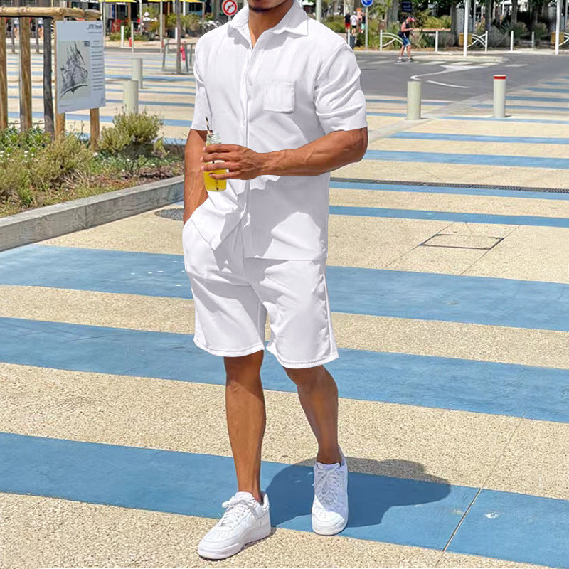 Herren nan legeres Resort-Zweiteiler mit offenem Kurzarm-Hemd, Brusttasche und elastischer Bermuda EB