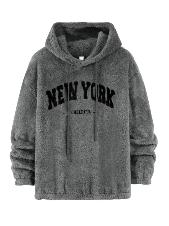 Unisex nan kuscheliger Plüsch-Hoodie mit Chenille-Logo, Kapuze und elastischem Saum EB
