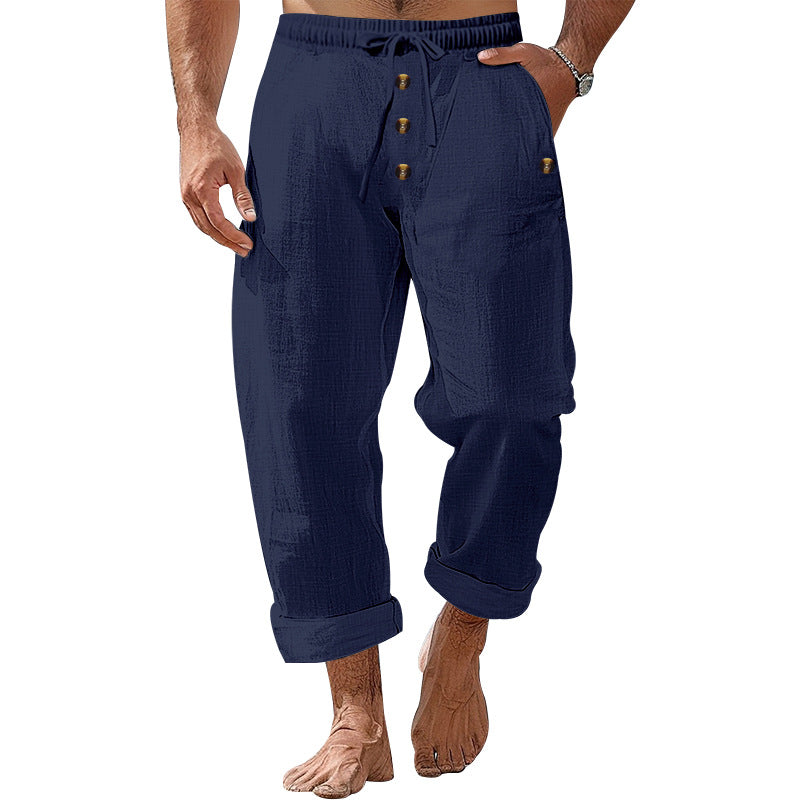 Herren nan lockere Leinen-Baumwoll-Hose mit elastischem Bund, Kordelzug und aufgekrempeltem Saum EB
