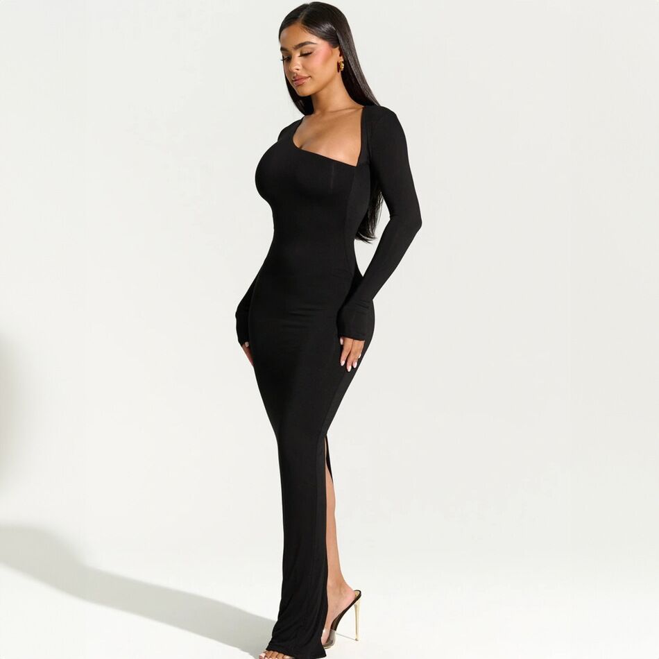 Damen elegantes Wickel-Maxi-Kleid mit asymmetrischem Halsausschnitt EB